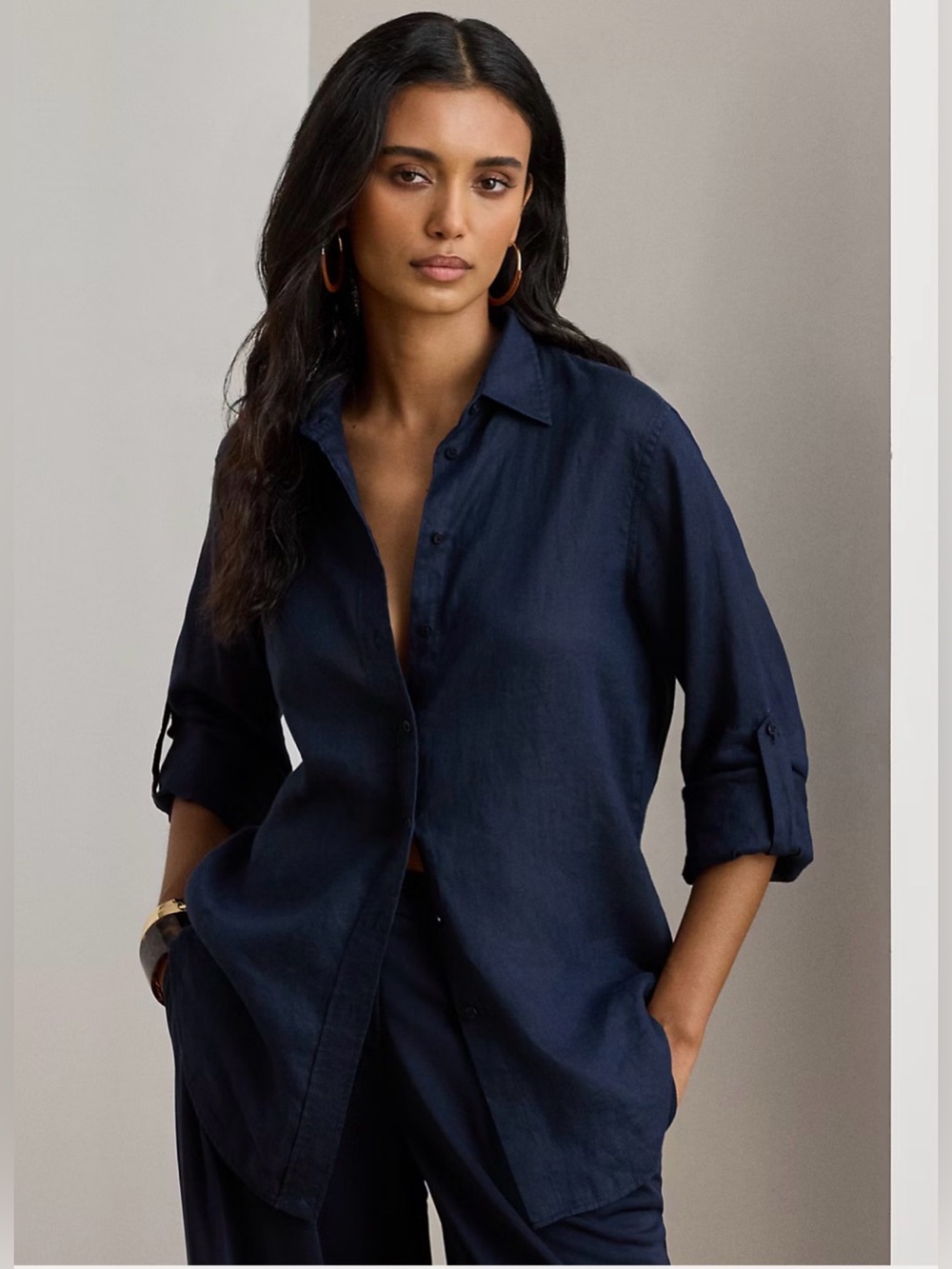 Lauren Ralph Lauren Relaxed Fit 100% Linen Roll Tab Sleeves Shirt Navy Women 2XL